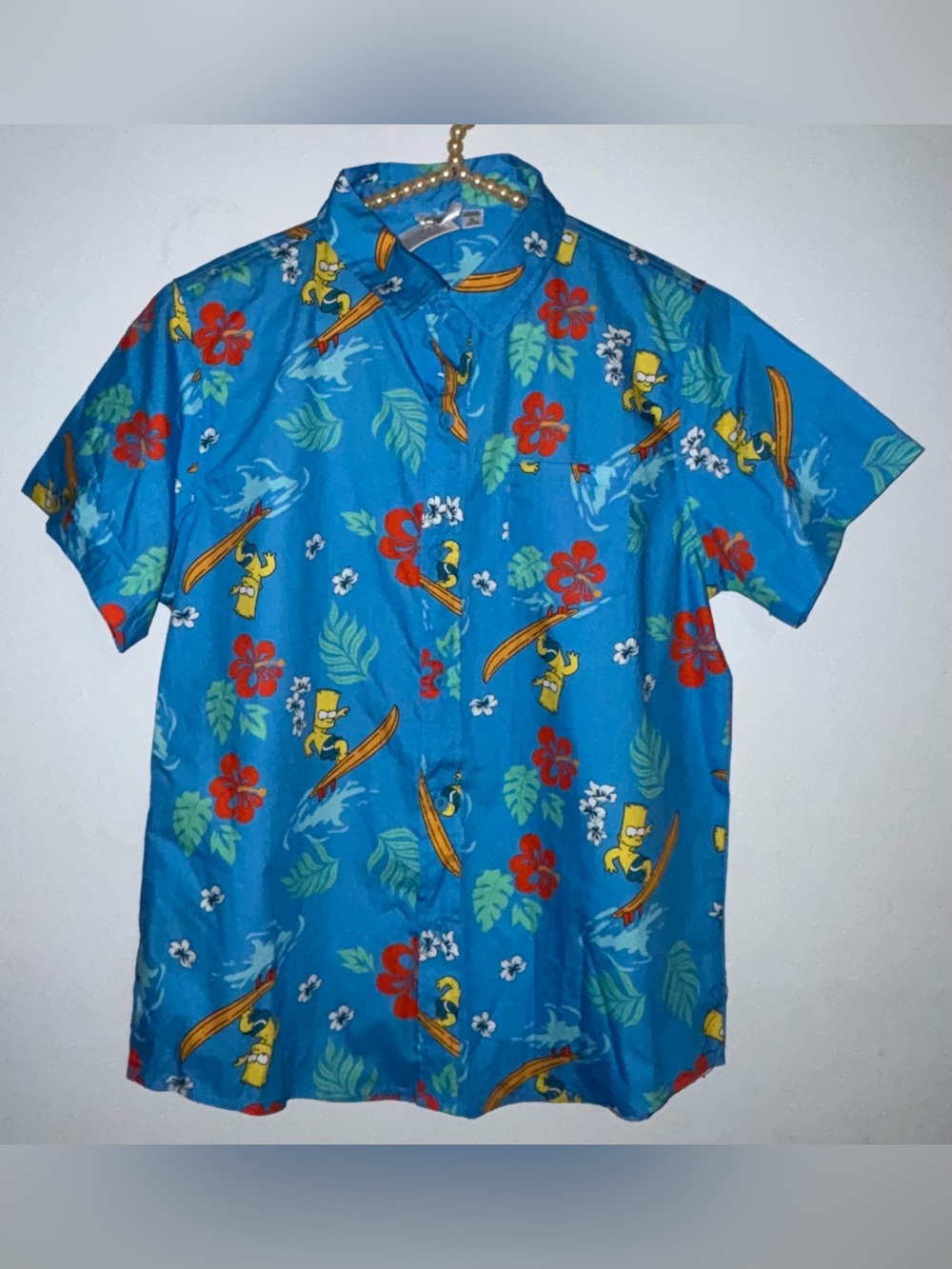 The SIMPSONS Blue Tropical Surf Print Button-Down Shirt Size XL(14/16)